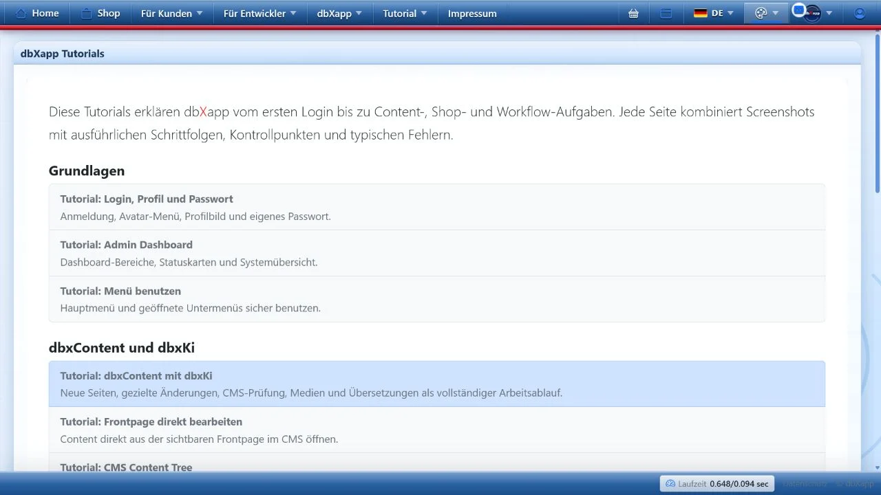 dbxapp Tutorials in classic blue dbxapp design with horizontal menu